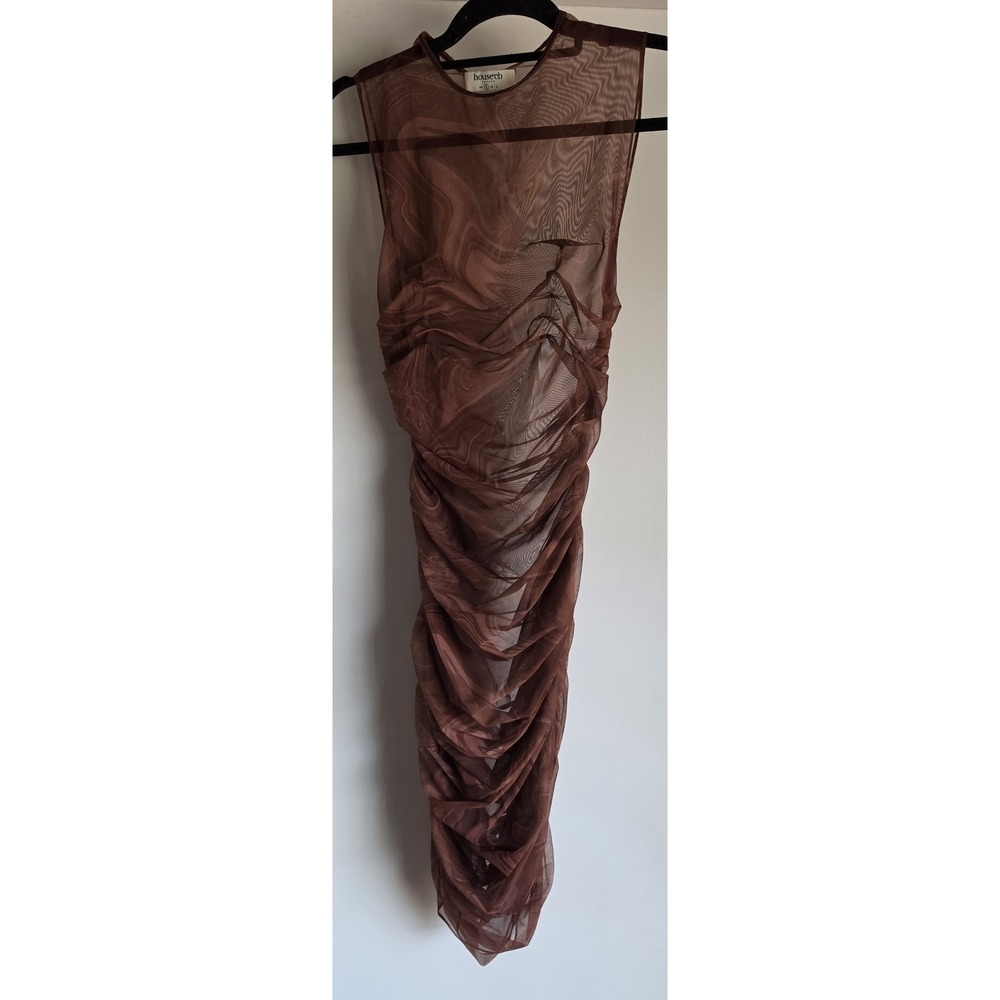 House of CB Sleeveless Maxi Dress S Brown Swirl Round Neck Sheer Bodycon